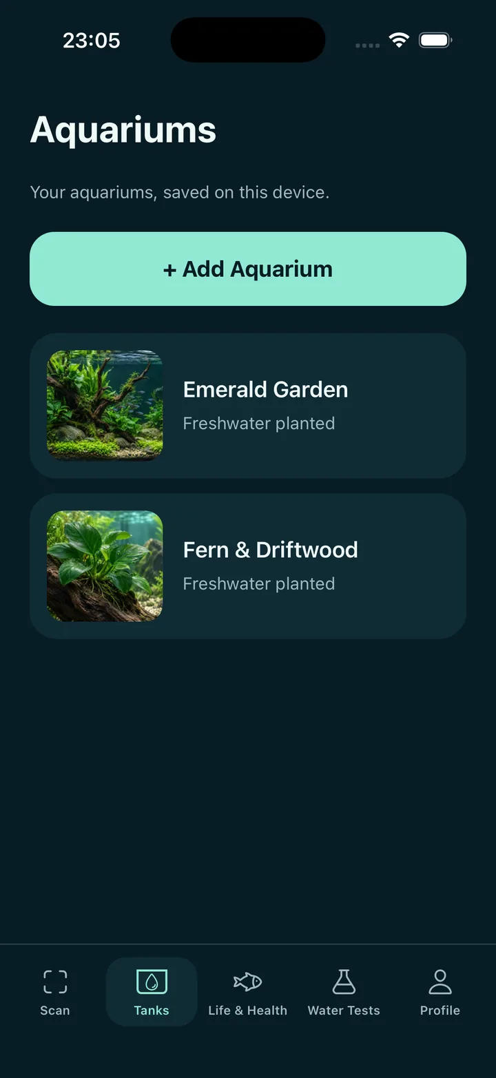 Aqua AI aquariums screen with two sample freshwater tank profiles